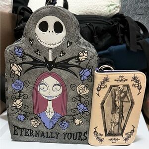 The Nightmare Before Christmas 'Sally' Gray LoungeFly Backpack Bag and Wallet